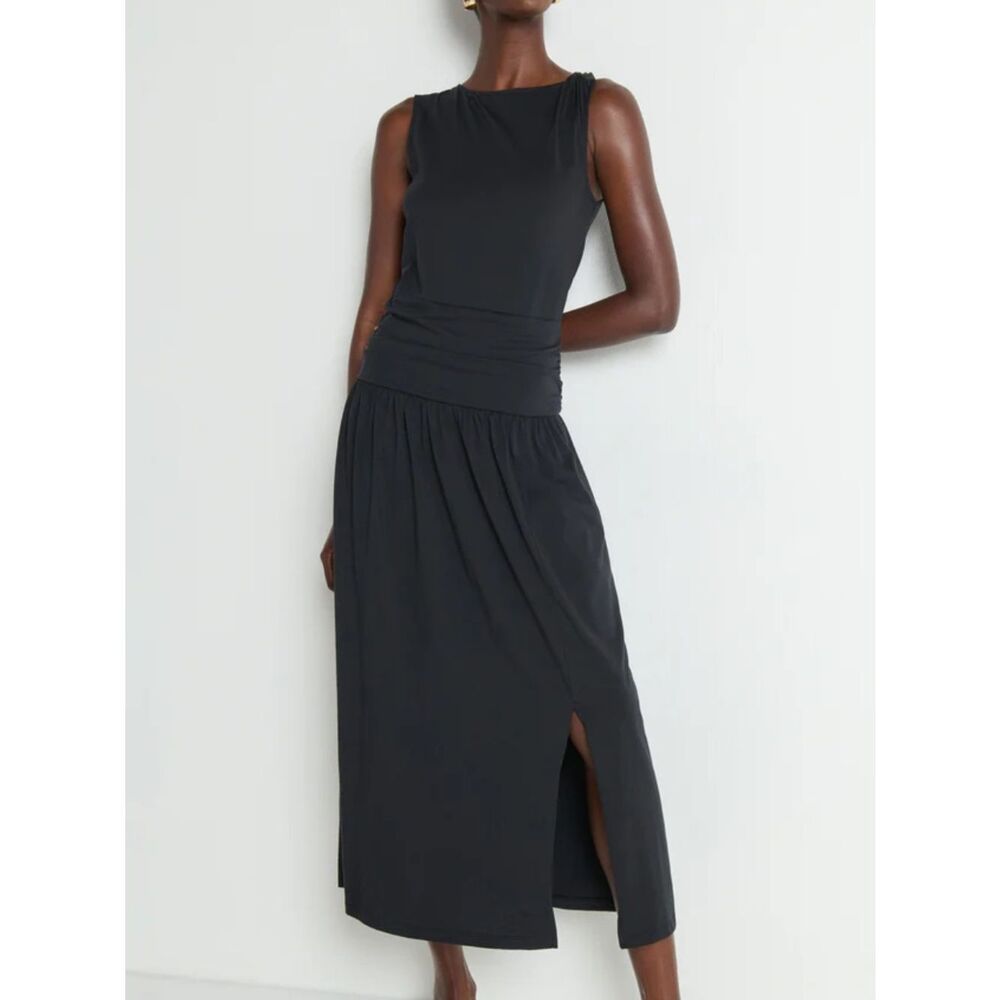 Nation LTD Cleo Midi Dress Black Sleeveless Ruched Waist Midi Dress Women’s XS